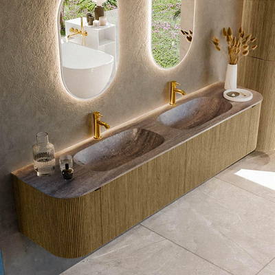 MONDIAZ KURVE-DLUX 200cm meuble de salle de bains arrondi gauche + droite couleur Dusk avec 2 tiroirs et 2 portes. Lavabo STOR SMALL double 2 trous de robinet Oza.