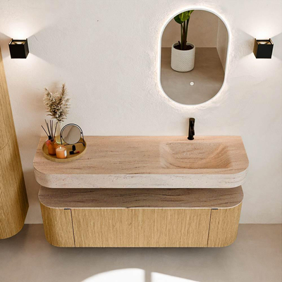 MONDIAZ THOR-DLUX 150cm meuble de salle de bains arrondi gauche + droite couleur Oak avec 1 tiroir et 2 portes. Vasque suspendue CLOUD droite 1 trou de robinet couleur Saba.