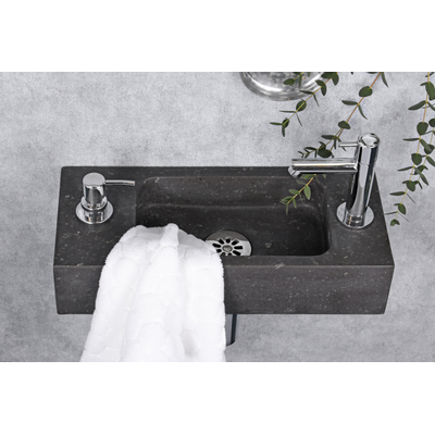Differnz Sapon Set lave-mains 42x18.5x9cm 1 trou de robinet avec robinet, siphon et bonde rectangulaire pierre naturelle Noir