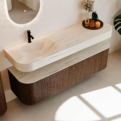 MONDIAZ THOR-DLUX 160cm meuble de salle de bains arrondi gauche + droite couleur Walnut avec 1 tiroir et 2 portes. Vasque suspendue CLOUD Gauche 1 trou de robinet couleur Meli.