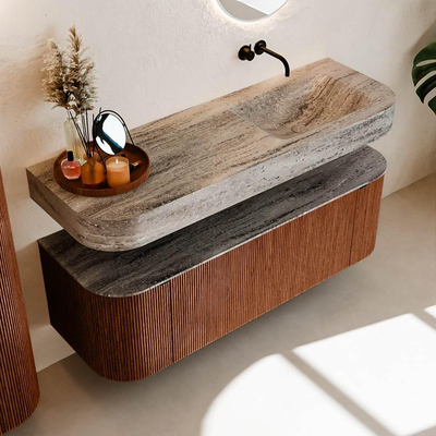 MONDIAZ THOR-DLUX Meuble de salle de bains - 140cm - arrondi gauche + droite - couleur Ruby - 1 tiroir et 2 portes - Vasque suspendue CLOUD Droite sans trou de robinet couleur Oza