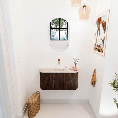 Mondiaz JOYA-DLUX 83.2cm toiletmeubel - ronding links en rechts kleur Walnut - Wastafel FAYE positie Midden Zonder kraangat kleur Frappe.