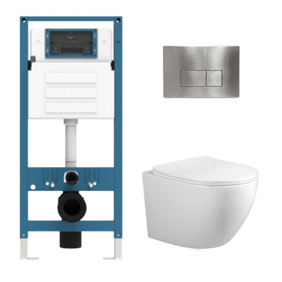 Adema Salina 2.0 Toiletset - 48.5x36x32cm - diepspoel - spoelrandloos - QeramiQ inbouwreservoir - softclose - quickrelease - toiletzitting - RVS metalen bedieningsplaat - rechthoekige knoppen - wit