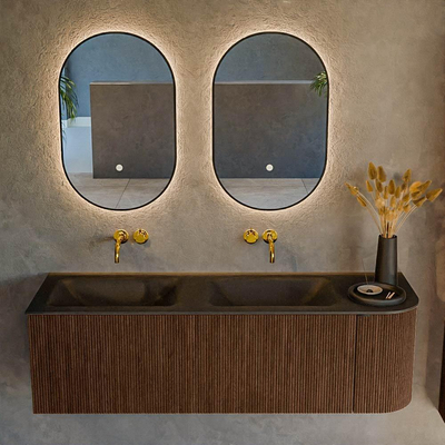 MONDIAZ KURVE 145cm badmeubel met module 25 R kleur Walnut met 1 lade en 1 deur. Wastafel CLOUD dubbel / links zonder kraangat Urban.