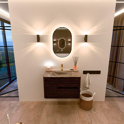 Mondiaz CIRO-DLUX Badkamermeubelset - 80x45x50cm - Solid surface wastafel Sombra - 1 wasbak Midden - 1 kraangat - 2 lades - Walnut