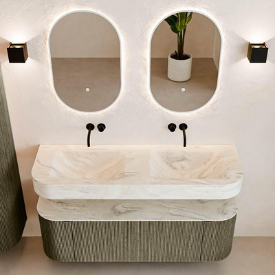 MONDIAZ THOR-DLUX 140cm meuble de salle de bains arrondi gauche + droite couleur Shadow avec 1 tiroir et 2 portes. Vasque suspendue CLOUD Double sans trou de robinet couleur Ostra.