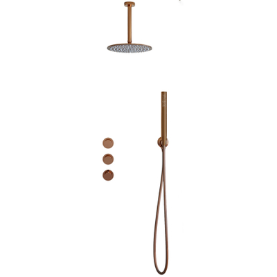 Fortifura Nebbio Regendoucheset - inbouwkraan - inbouwdeel - wandaansluitbocht - doucheslang glad - staafhanddouche - 20cm plafondarm - ronde hoofddouche - PVD - geborsteld koper