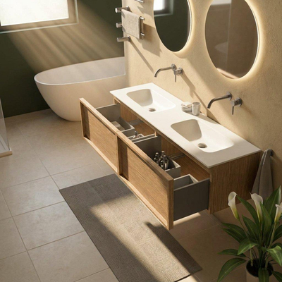 Saniclass Holz Frame Ensemble meuble de salle de bains - 160x45x41.5cm - Flow lavabo en solid surface blanc - 2 vasques - sans trous de robinetterie - 2 tiroirs - chêne natural mat (bois)