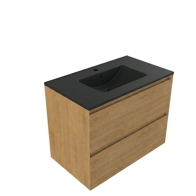 Saniclass Holz Pure Ensemble meuble de salle de bains - 80x45x62cm - lavabo Vygo en céramique noir - 1 vasque - 1 trou de robinetterie - 2 tiroirs - chêne naturel mat (bois)