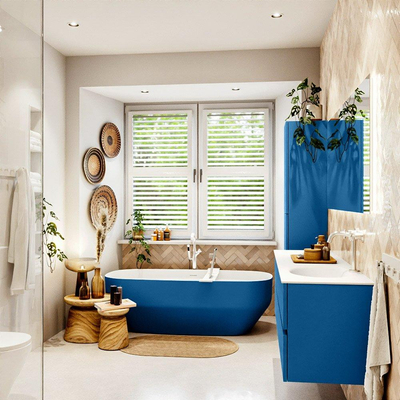 Mondiaz Vica ensemble de meuble de salle de bain - 160cm - meuble sous-vasque jeans - 4 tiroirs - lavabo moon droite - 1 trou de robinet - couleur talc - miroir LED - version XL 60cm de haut