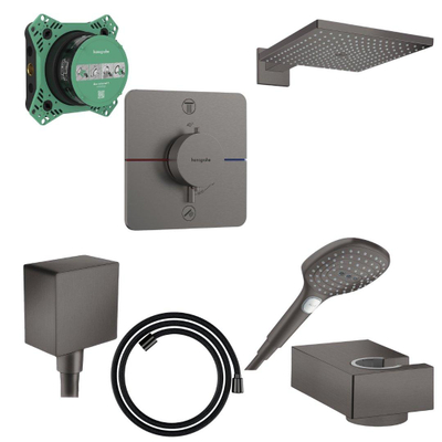 Hansgrohe Raindance Select Doucheset - hoofddouche - handdouche - thermostaat - inbouwdeel - douchehouder - muuraansluitbocht - doucheslang - geborsteld zwart chroom