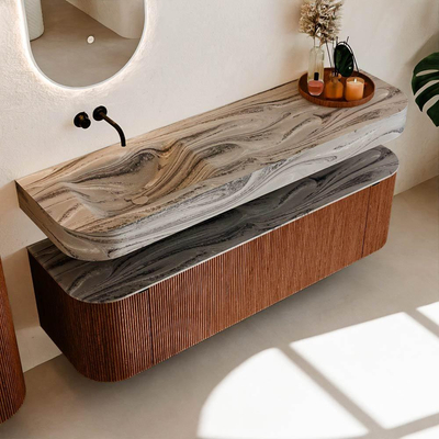 MONDIAZ THOR-DLUX 160cm meuble de salle de bains arrondi gauche + droite couleur Ruby avec 1 tiroir et 2 portes. Vasque suspendue CLOUD gauche sans trou de robinet couleur Sombra.