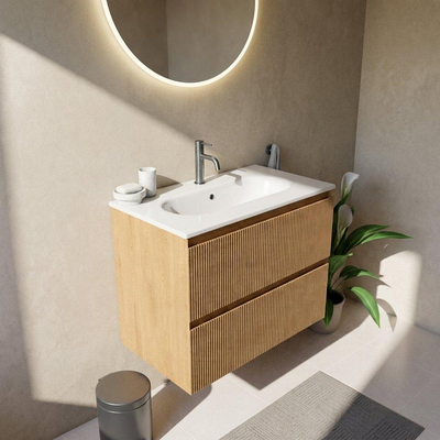 Saniclass Holz Atelier Ensemble meuble de salle de bains - 80x45x73.9cm - lavabo Chaci en céramique blanc - 1 vasque - 1 trou de robinetterie - 2 tiroirs - chêne natural mat (bois)