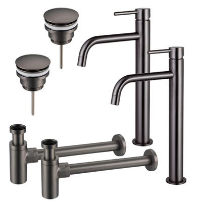 FugaFlow Eccelente Sobrado Badkamer Slim Wastafelkraanset - voor dubbele wastafel - verhoogde wastafelkraan - klikwaste plug - design sifon - PVD Gepolijst Gunmetal