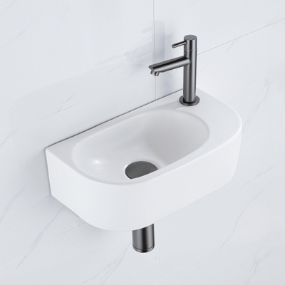 QeramiQ Fuente Ensemble de lavabo - 40x21.5x12cm - droit - lisse - demi-rond - 1 trou de robinet - céramique - robinet de lave-mains gunmetal - bouchon de vidange - siphon abaissé - blanc mat