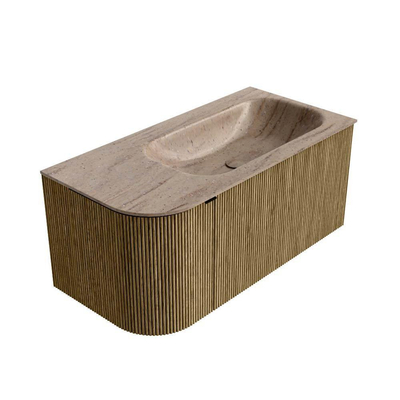 MONDIAZ KURVE-DLUX Meuble de salle de bains 95cm arrondi à gauche couleur Dusk avec 1 tiroir et 1 porte. Lavabo BIG SMALL à droite 1 trou de robinet Saba.