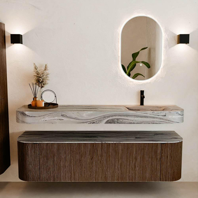 MONDIAZ THOR-DLUX Meuble de salle de bains 170cm arrondi gauche + droite couleur Walnut avec 1 tiroir et 2 portes. Vasque suspendue CLOUD Droite 1 trou de robinet couleur Sombra.