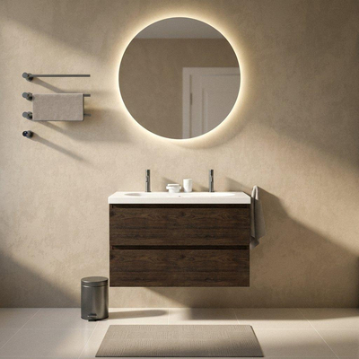 Saniclass Holz Pure Ensemble de meubles de salle de bains - 100x45x63.5cm - lavabo Palermo en céramique blanc - 1 vasque - 2 trous de robinetterie - 2 tiroirs - chêne charcoal mat (bois)