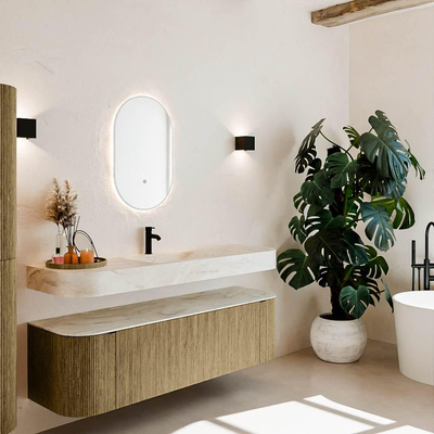 MONDIAZ THOR-DLUX 160cm meuble de salle de bains arrondi gauche + droite couleur Dusk avec 1 tiroir et 2 portes. Vasque suspendue CLOUD Milieu 1 trou de robinet couleur Ostra.