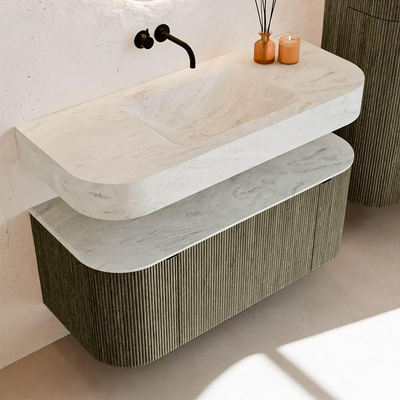 MONDIAZ THOR-DLUX 110cm meuble de salle de bains arrondi gauche + droite couleur Shadow avec 1 tiroir et 2 portes. Vasque suspendue CLOUD Milieu sans trou de robinet couleur Opalo.