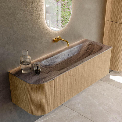 MONDIAZ KURVE-DLUX meuble de salle de bains 135cm arrondi gauche couleur chêne avec 1 tiroir et 1 porte. Lavabo BIG MEDIUM droit sans trou de robinetterie Oza.