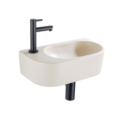 QeramiQ Fuente Ensemble de lavabo - 40x21.5x12cm - gauche - lisse - demi-rond - 1 trou de robinet - céramique - robinet de lavabo noir mat - bouchon de vidange - siphon abaissé - beige