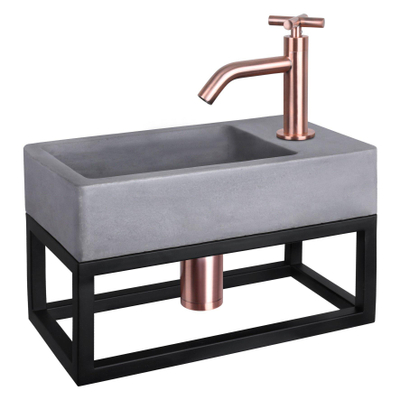 Differnz Force kit lave-mains - 40x22x8cm - Rectangulaire - 1 trou de robinet - Robinet en cuivre rose courbé - avec cadre noir - poignée croix - Gris béton