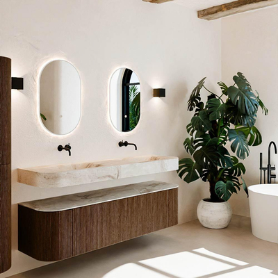 MONDIAZ THOR-DLUX 170cm meuble de salle de bains arrondi gauche + droite couleur Walnut avec 1 tiroir et 2 portes. Vasque suspendue CLOUD Double sans trou de robinet couleur Frappe.