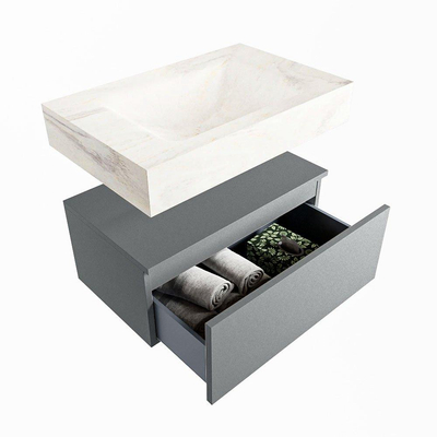 Mondiaz ALAN-DLUX Ensemble de meuble - 70cm - meuble Plata mat - 1 tiroir - Lavabo Cloud Ostra suspendu - vasque Centre - 0 trous de robinet