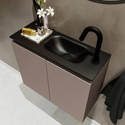 MONDIAZ TURE Toiletmeubel 60x23x50cm met 1 kraangaten 2 deuren smoke mat Wastafel Eden rechts Solid Surface Zwart
