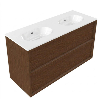 Saniclass Holz Frame Ensemble de meubles de salle de bains - 120x45x74cm - lavabo Chaci en céramique blanc - 2 vasques - sans trous de robinetterie - 2 tiroirs - walnut pure mat (bois)