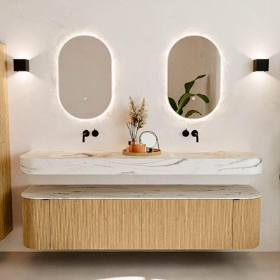 MONDIAZ THOR-DLUX 190cm badmeubel ronding links + rechts kleur Oak met 2 lades en 2 deuren. Vrijhangende wastafel CLOUD Dubbel zonder kraangat kleur Nata.