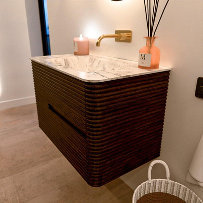 Mondiaz CIRO-DLUX Badkamermeubelset - 80x45x50cm - Solid surface wastafel Glace - 1 wasbak Midden - zonder kraangaten - 2 lades - Walnut