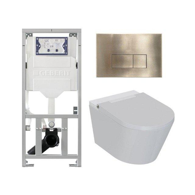 QeramiQ Luma Douche WC Set - Geberit UP320 inbouwreservoir - met Burda frame - fohn - ladydouche - geborsteld messing bedieningsplaat - rechthoekige knoppen - glans wit