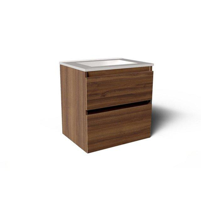 Saniclass Prime Vita Meuble de salle de bain - 60x46x60cm - lavabo en céramique brillant blanc - 1 vasque - sans trou de robinet - 2 tiroirs - noyer