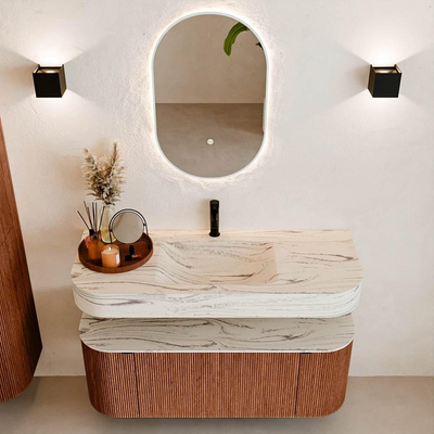 MONDIAZ THOR-DLUX 120cm meuble de salle de bains arrondi gauche + droite couleur Ruby avec 1 tiroir et 2 portes. Vasque suspendue CLOUD Milieu 1 trou de robinet couleur Nata.