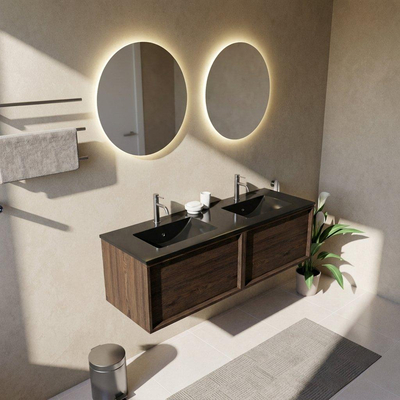 Saniclass Holz Frame Ensemble meuble de salle de bains - 140x45x42cm - lavabo Vygo en céramique noir - 2 vasques - 2 trous de robinetterie - 2 tiroirs - chêne charcoal mat (bois)