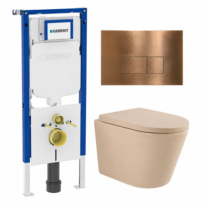QeramiQ Dely Toiletset - 36.3x51.7cm - diepspoel - rimless - Geberit UP720 inbouwreservoir - softclose toilet zitting - 35mm - koperen bedieningsplaat - rechthoekige knoppen - mat beige