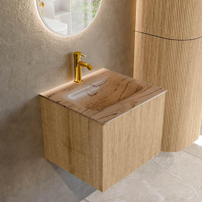 MONDIAZ KURVE-DLUX 50cm badmeubel kleur Oak met 1 lade en 0 deuren. Wastafel GRUNNE Midden 1 kraangat Arena.