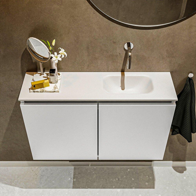 MONDIAZ TURE Toiletmeubel 80x23x50cm met 0 kraangaten 2 deuren talc mat Wastafel Eden rechts Solid Surface Wit