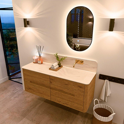 Mondiaz CIRO-DLUX Meuble de salle de bains - 130x45x50cm - Plan vasque solid surface Meli - 1 vasque à droite - sans trous de robinet - 4 tiroirs - Chêne