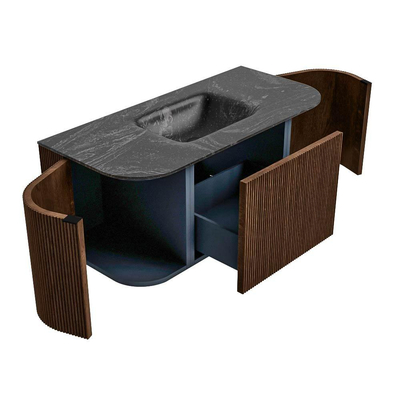 MONDIAZ KURVE-DLUX Meuble de salle de bains 100 cm avec module 25 Len R couleur Walnut avec 1 tiroir et 2 portes. Lavabo GRUNNE central sans trou de robinet couleur Lava.