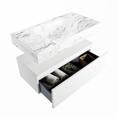 Mondiaz ALAN-DLUX Ensemble de meuble - 90cm - meuble Talc mat - 1 tiroir - Lavabo Cloud Glace suspendu - vasque Centre - 1 trou de robinet