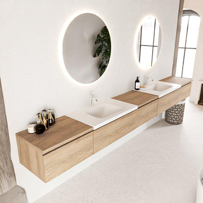 MONDIAZ BUKLA meuble de salle de bain 340cm avec module 60 couleur Chêne blanchi avec 5 tiroirs. Lavabo CLOUD double 2 trous de robinet couleur Talc.