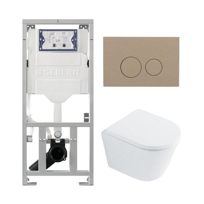 QeramiQ Dely Toiletset - 36.3x51.7cm - diepspoel - rimless - Geberit UP320 inbouwreservoir - met Burda frame - softclose toilet zitting 35 mm - bedieningsplaat taupe - ronde knoppen - wit glans
