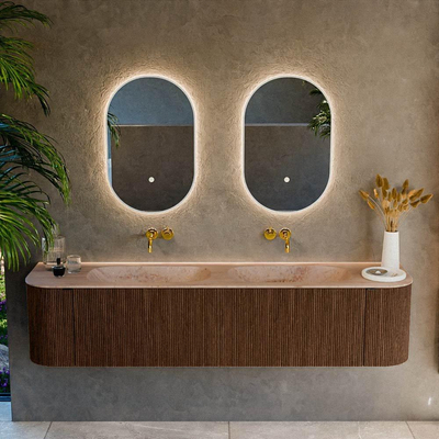 MONDIAZ KURVE-DLUX Meuble de salle de bains 190cm arrondi Gauche + Droite couleur Walnut avec 2 tiroirs et 2 portes. Lavabo STOR SMALL Double sans trou de robinet Saba.