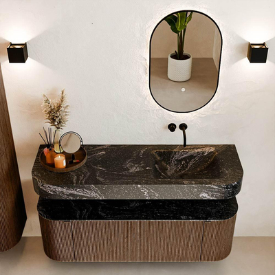 MONDIAZ THOR-DLUX 140cm meuble de salle de bains arrondi gauche + droite couleur Walnut avec 1 tiroir et 2 portes. Vasque suspendue CLOUD Droite sans trou de robinet couleur Lava.