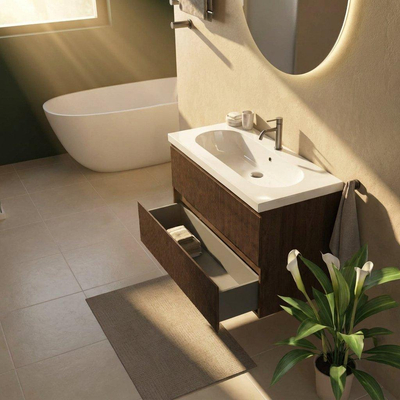 Saniclass Holz Atelier Ensemble de meubles de salle de bains - 100x45x63.5cm - lavabo en céramique Palermo blanc - 1 vasque - 1 trou de robinetterie - 2 tiroirs - chêne charcoal mat (bois)
