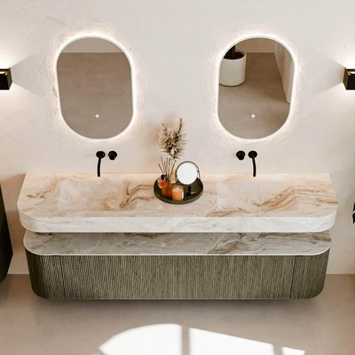 MONDIAZ THOR-DLUX 200cm badmeubel ronding links + rechts kleur Shadow met 2 lades en 2 deuren. Vrijhangende wastafel CLOUD Dubbel zonder kraangat kleur Frappe.