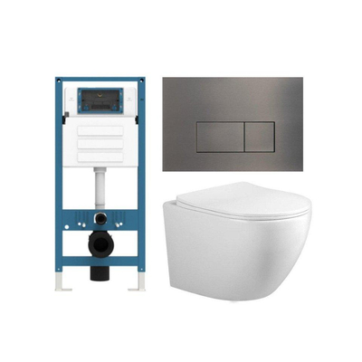 FugaFlow Eccelente Press Toiletset - 48.5x36x32cm - diepspoel - spoelrandloos - inbouwreservoir - softclose - quickrelease - toiletzitting - gunmetal metalen bedieningsplaat - rechthoekige knoppen - wit